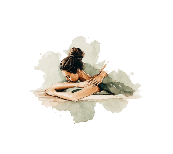 Watercolour illustration of calming Bowen Therapy treatment, symbolising The Practitioner Studio’s tailored support for Practitioners.