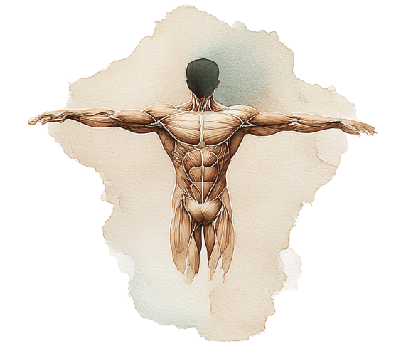 Watercolour illustration reflecting The Practitioner Studio's Support for Kinesiology practitioners. Showing calm, natural elements of the human body.