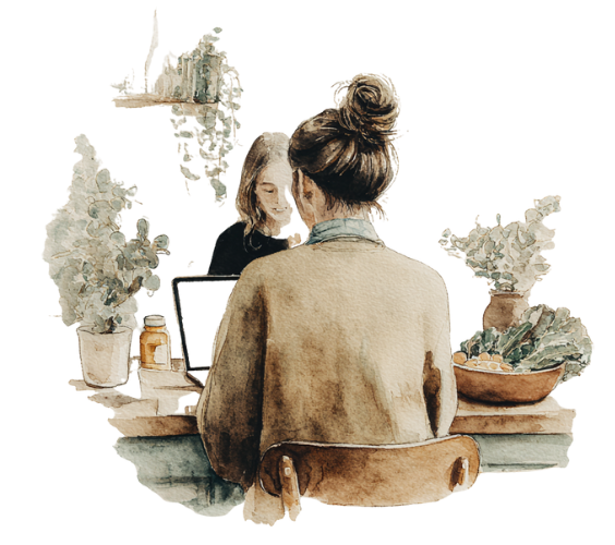 Woman working on a laptop facing a client in a natural office with plants and healthy food, representing Nutritional Therapy and The Practitioner Studio’s Support for Nutritional Therapists.