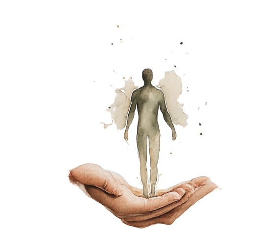 Watercolour illustration of hands above a figure representing support for Reiki