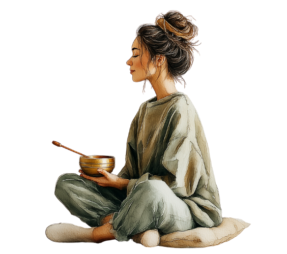 Watercolour illustration of lady and singing bowl representing support for Sound Therapy